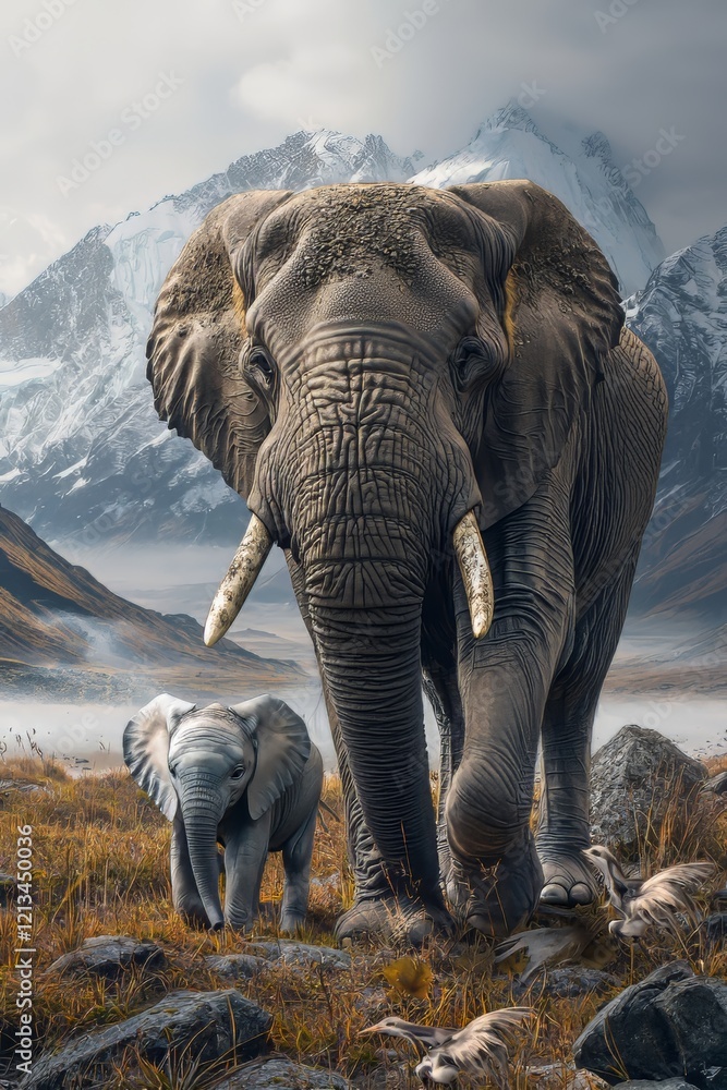 Fototapeta premium A Heartwarming Scene of a Large Mother Elephant Standing Beside Her Adorable Baby Elephant