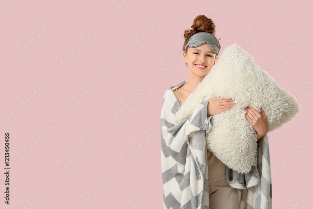 Beautiful young woman in sleep mask with fluffy soft pillow and plaid on pink background Beautiful young woman in sleep mask with fluffy soft pillow and plaid on pink background