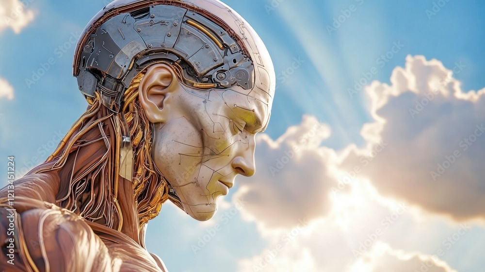 Obraz premium Contemplative Android: A Futuristic Vision of Artificial Intelligence and Human Evolution Against a Dramatic Sky