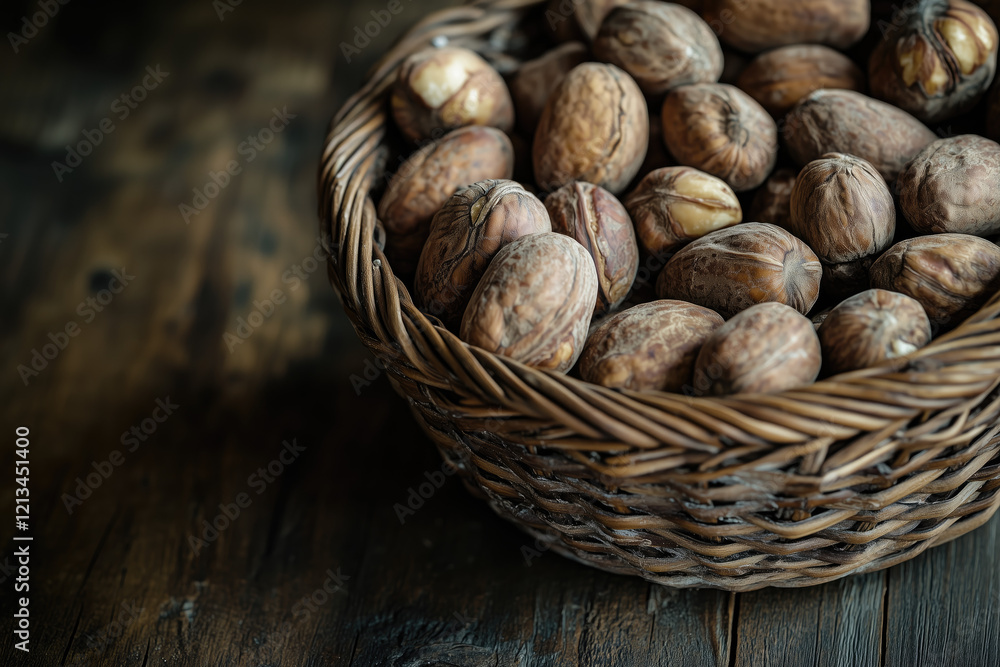 Pecans in woven basket on dark wooden table, rustic and earthy presentation of premium nuts. Pecans in woven basket on dark wooden table, rustic and earthy presentation of premium nuts.