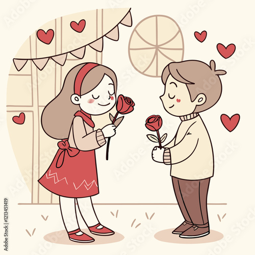 Valentine day girl and boy working