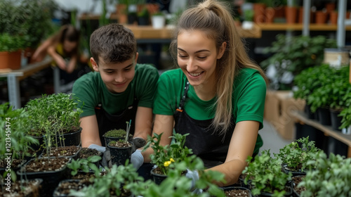 Wallpaper Mural Happy Young People Taking Care of Plants in a Nursery Torontodigital.ca