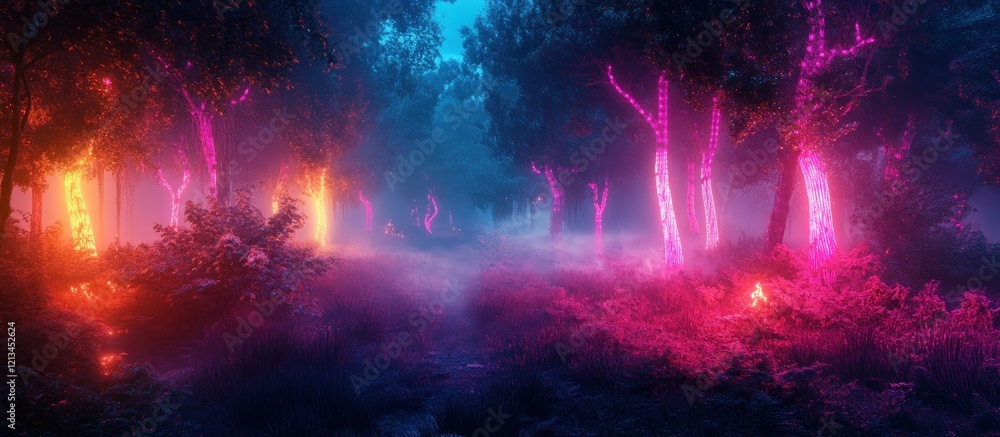 Obraz premium Enchanting neon-lit forest path at night, with fog and vibrant colors.