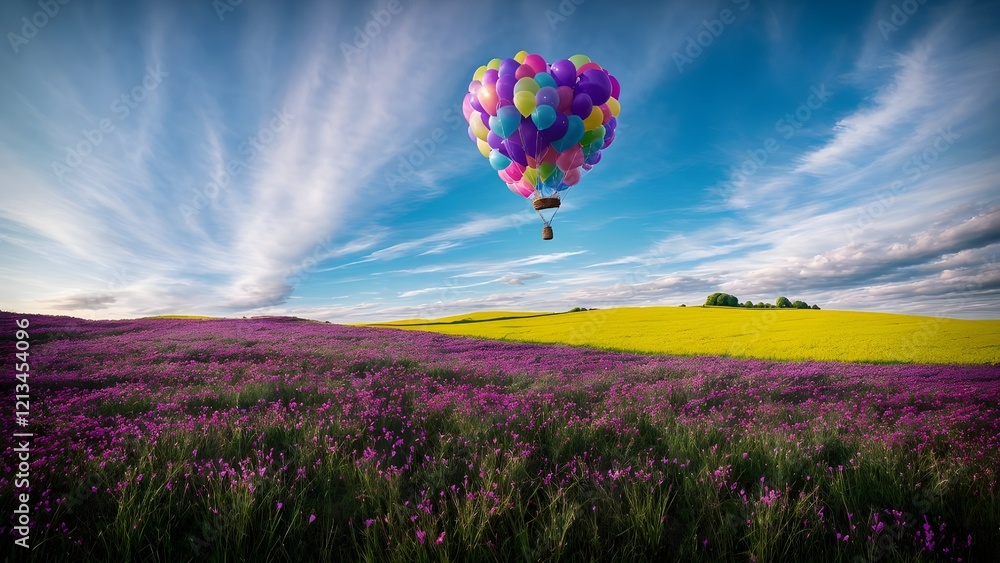 Fototapeta premium Beautiful scenery with pretty flowers and balloons floating around