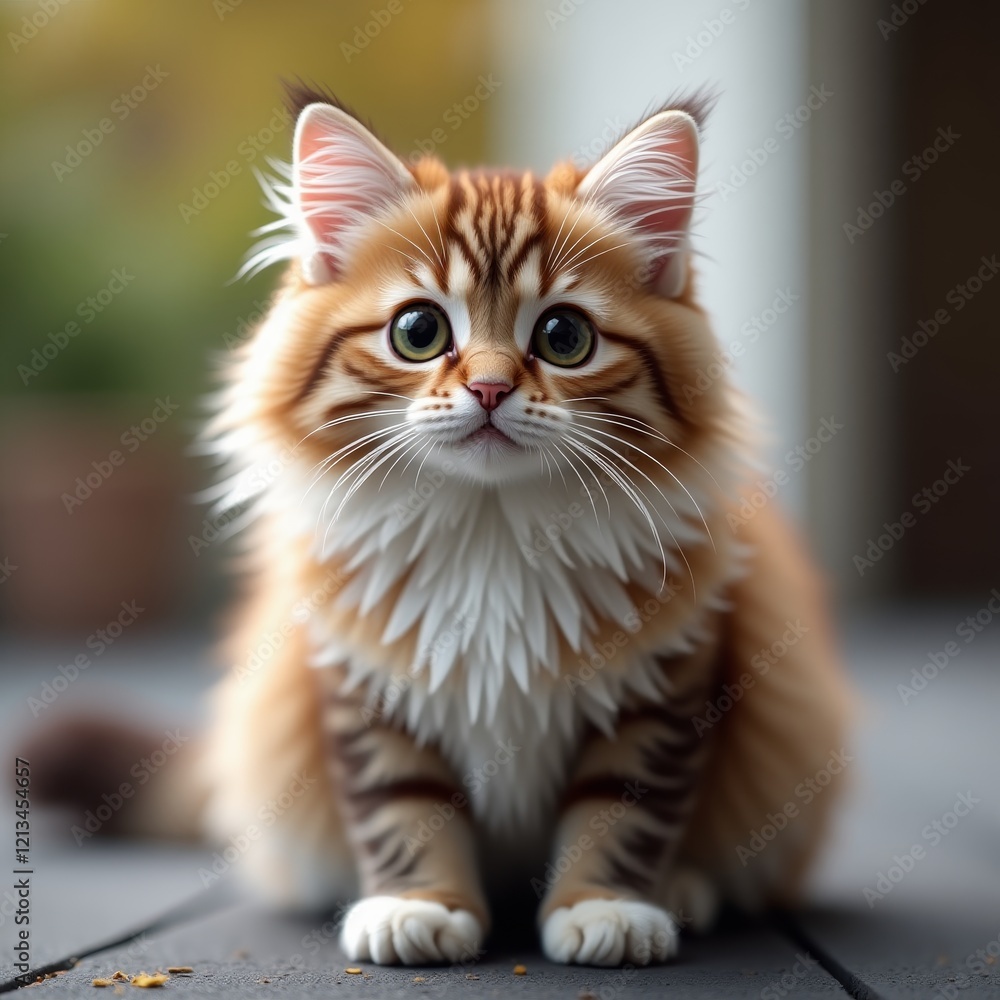 Fluffy feline with piercing green eyes, white whiskers, and a soft, orange coat Fluffy feline with piercing green eyes, white whiskers, and a soft, orange coat