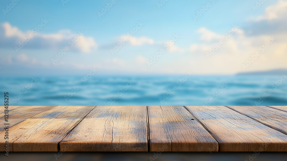 Wooden Plank Surface with Ocean and Sky Background Wooden Plank Surface with Ocean and Sky Background
