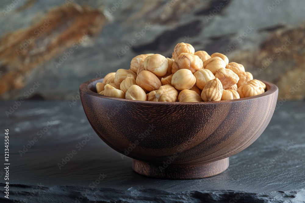 Roasted hazelnuts in a dark wood bowl placed on a slate surface for a sophisticated shot Roasted hazelnuts in a dark wood bowl placed on a slate surface for a sophisticated shot