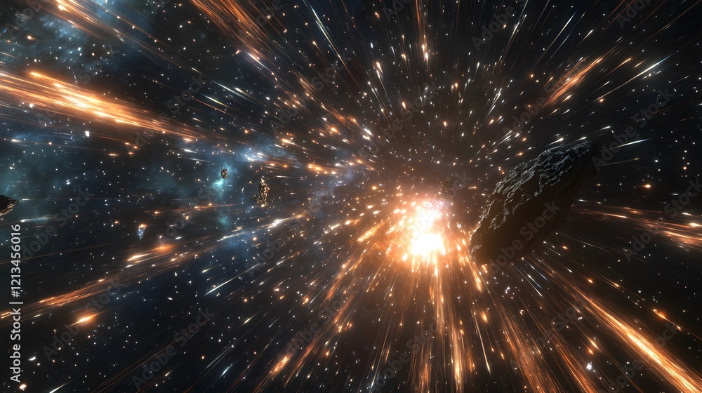 Asteroid Field Exploding Bright Light Streaks Across Space Asteroid Field Exploding Bright Light Streaks Across Space