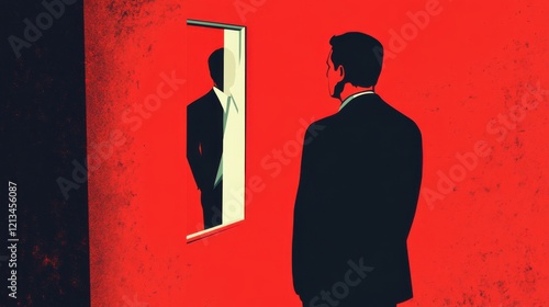 Self-Reflection: A Man Contemplating His Identity in a Crimson Mirror