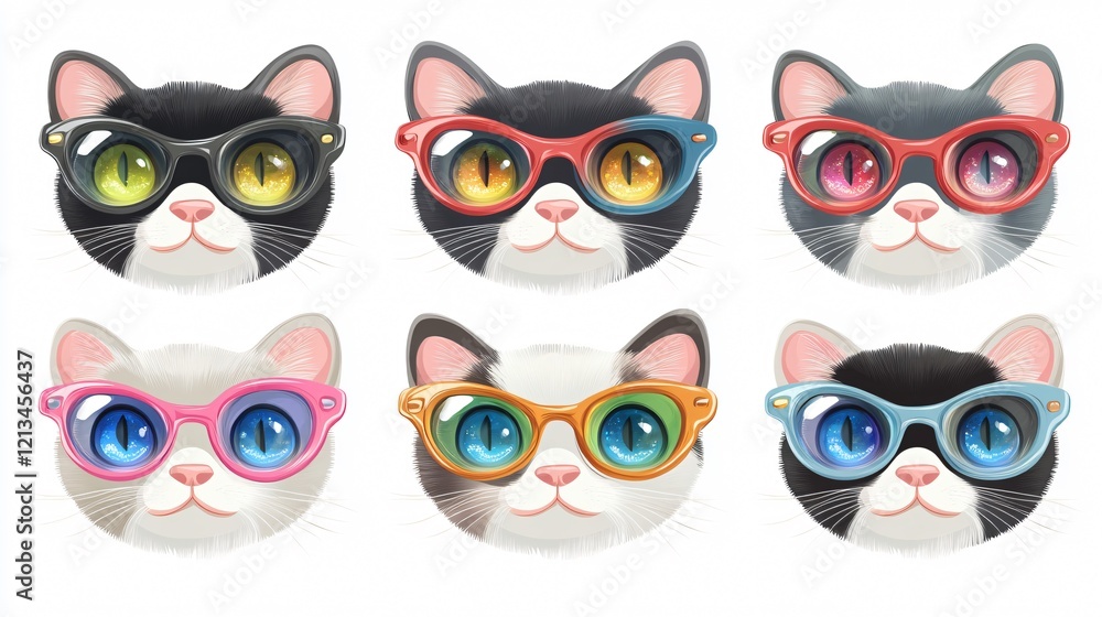 Fototapeta premium Six Cartoon Cats Wearing Stylish Glasses: Cat Has Unique Eyewear Style