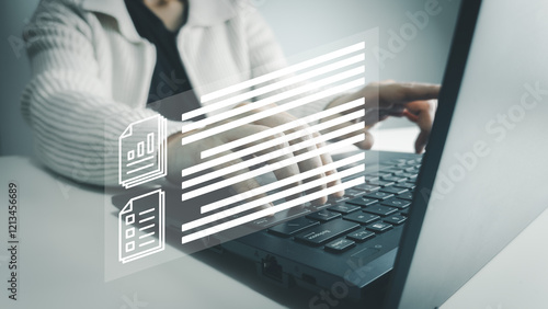 Document Management System, Officer using laptop manage files, Online document database management, automated processes to manage system, ERP enterprise efficient, business technology