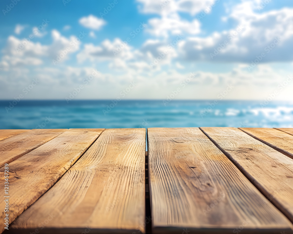Wooden Planks with Blurred Ocean Background Wooden Planks with Blurred Ocean Background
