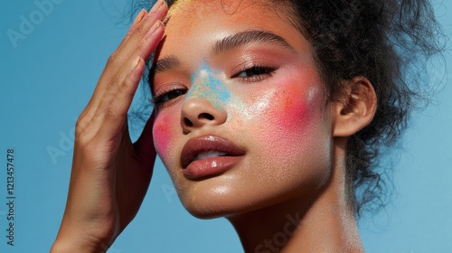 A pair of hands delicately applying colorful powder to a model's cheeks, showcasing clean, well-defined Holi-inspired makeup with a subtle, fresh backdrop. photo