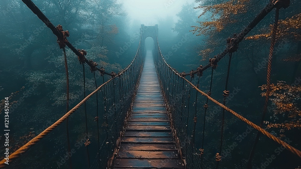 Fototapeta premium Ethereal Fog Shrouds a Wooden Suspension Bridge in a Forest Landscape
