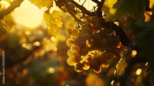Fresh grapes growing on the vine with a golden glow of sunlight