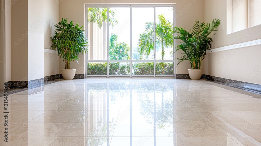 Lobby with polished floor, plants, and window view Lobby with polished floor, plants, and window view