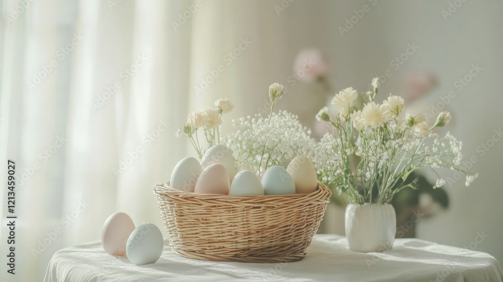 A clean and minimalistic Easter table setup with pastel-colored eggs in a wicker basket, fresh flowers, and a soft white background. A clean and minimalistic Easter table setup with pastel-colored eggs in a wicker basket, fresh flowers, and a soft white background.