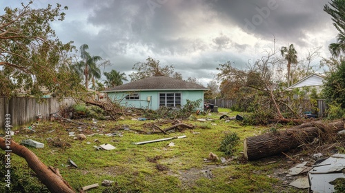 30.A panoramic view of a Florida house backyard in disarray after a hurricane, featuring a fallen tree that narrowly missed the house, surrounded by scattered debris and overcast skies. photo