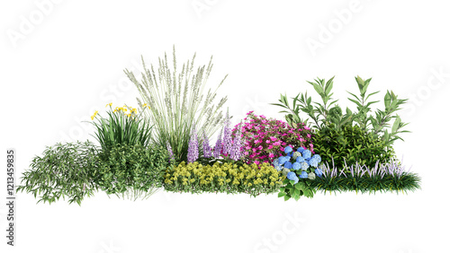 3d rendering illustration nature meadow bush on lawn grass field beautiful plant on isolate background landscape