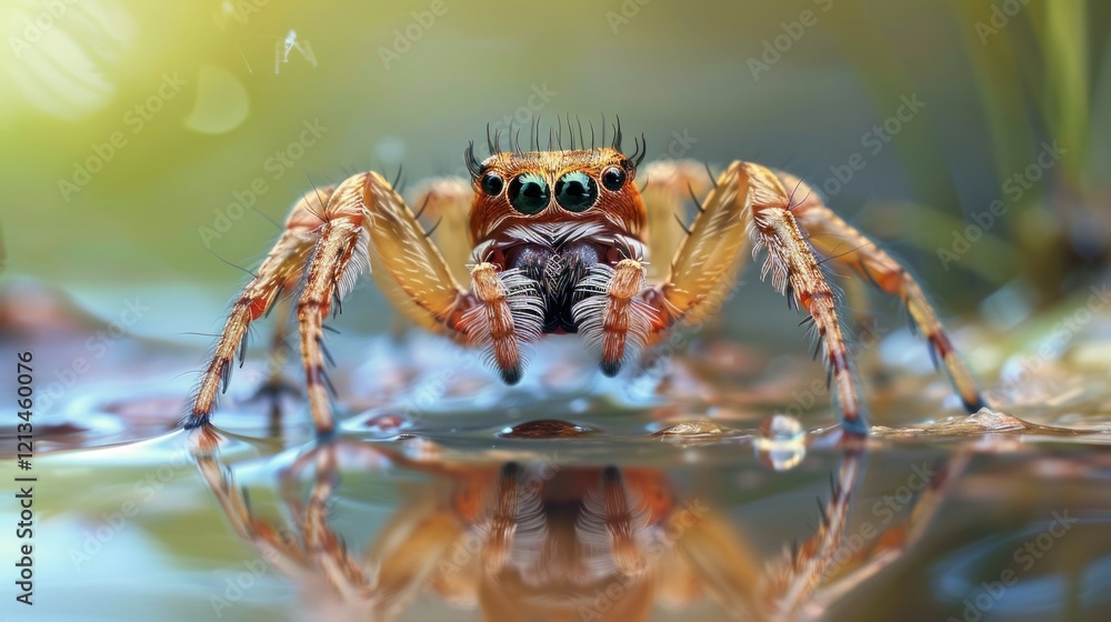 Fototapeta premium Brown spider with long legs in a puddle in nature, AI generated image