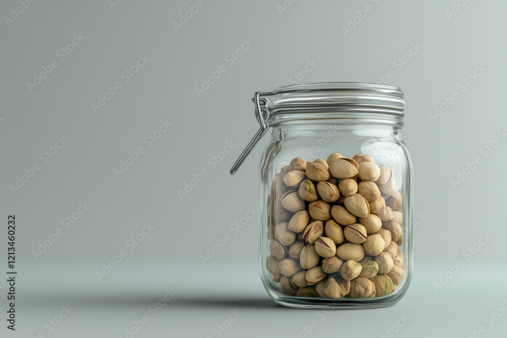 Salted pistachios in a clear glass jar with a metal lid, showcasing a delicious snack display. Salted pistachios in a clear glass jar with a metal lid, showcasing a delicious snack display.