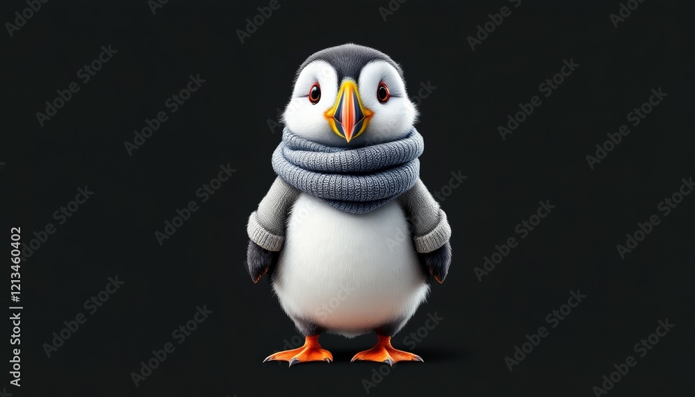 Fototapeta premium Adorable Puffin in Winter Scarf 3d Render