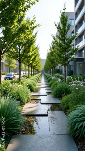 Serene urban oasis, lush greenery and tranquil water features
