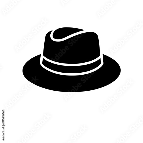 Classic Fedora Hat Icon: A simple yet elegant illustration of a classic fedora hat, presented in a bold black silhouette against a clean background.