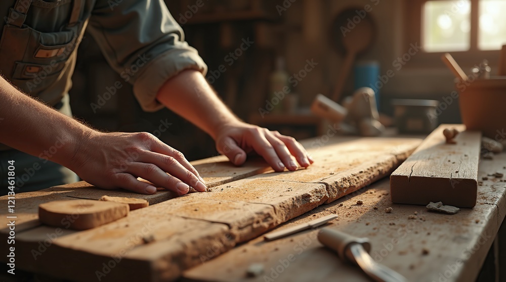 Carpenter's Hands Crafting Wood in Rustic Workshop Environment Carpenter's Hands Crafting Wood in Rustic Workshop Environment