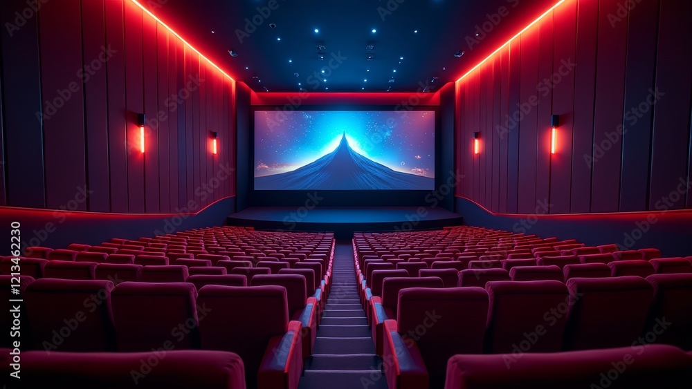 Fototapeta premium A spacious theater with a large screen and rows of red seats