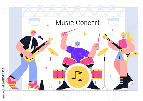 Music Concert Vector Illustration featuring an Artist’s Performance at a Live Music Event with Musical Instruments during a Summer Weekend Festival