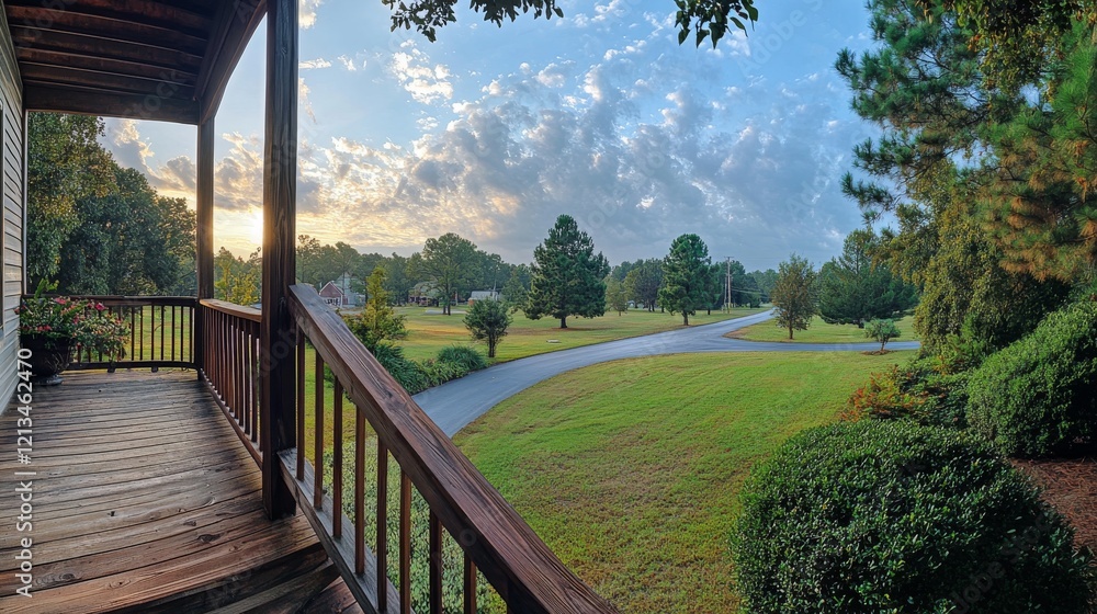 Naklejka premium 52.A panoramic view from a wooden porch with a wide staircase leading down to a paved driveway, surrounded by a well-maintained front yard and a winding road in the distance.