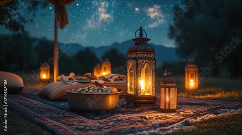 Nighttime outdoor feast, lanterns, starry sky, mountains,  Ramadan