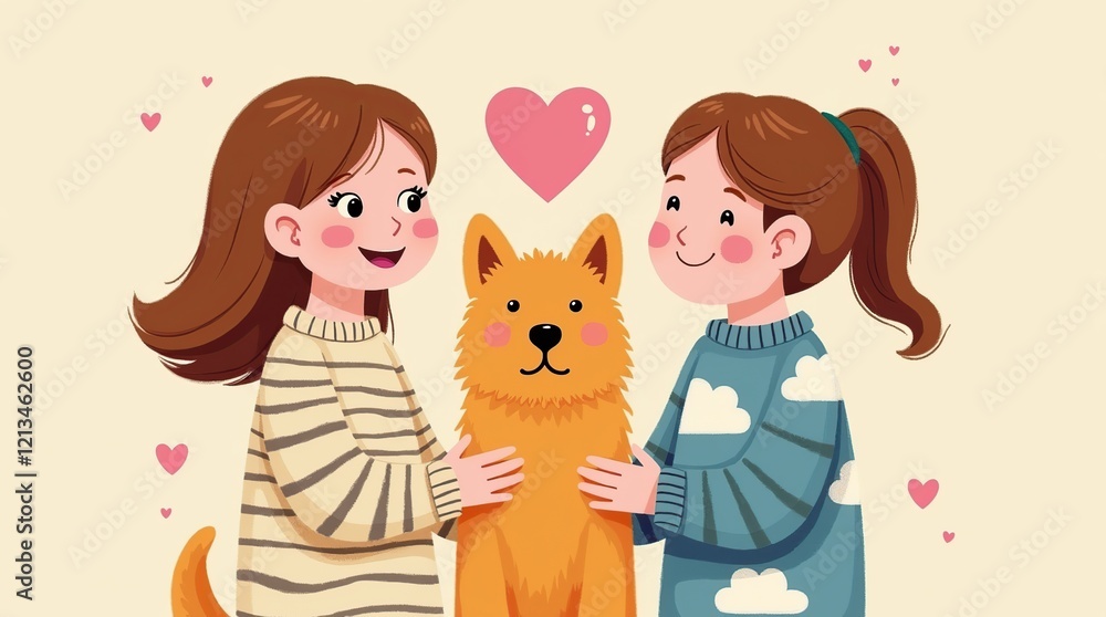 Adorable Children with Fluffy Dog Surrounded by Love and Friendship Adorable Children with Fluffy Dog Surrounded by Love and Friendship