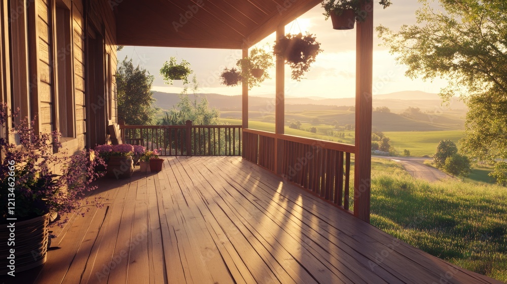 Fototapeta premium 54.A front porch made of polished wood, complete with railings and hanging plants, overlooking a quiet road and distant rolling hills during a soft golden-hour glow.