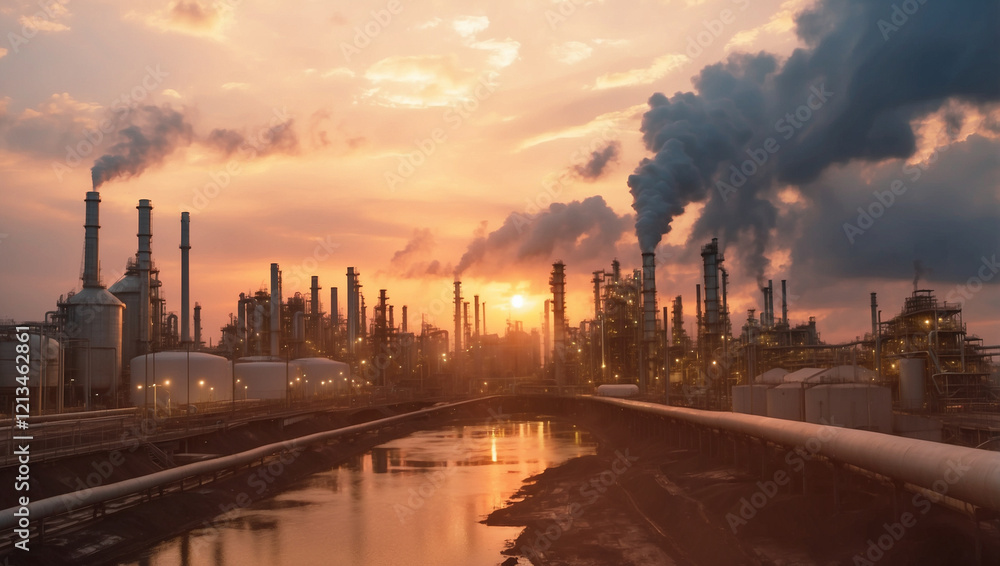 Close up Industrial view at oil refinery plant form industry zone with sunrise and cloudy sky Close up Industrial view at oil refinery plant form industry zone with sunrise and cloudy sky