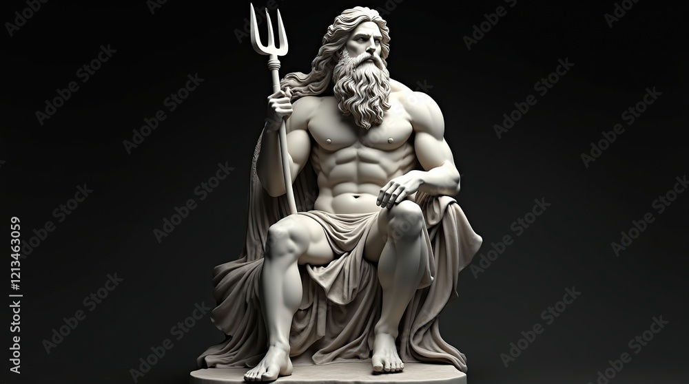 Majestic Marble Statue of Sea God Holding Trident in Classic Pose Majestic Marble Statue of Sea God Holding Trident in Classic Pose