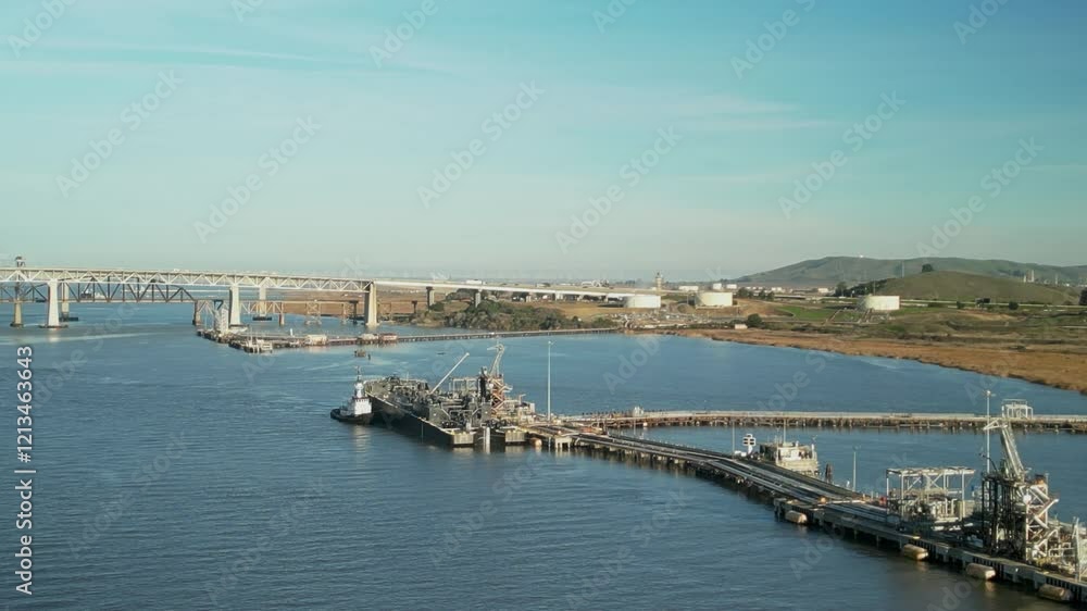 Aerial wide overview of industrial maritime infrastructure and bridges along Carquinez Strait wetlands and shoreline in Martinez, California, with hills Aerial wide overview of industrial maritime infrastructure and bridges along Carquinez Strait wetlands and shoreline in Martinez, California, with hills