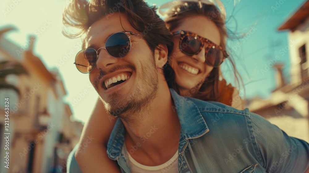 Handsome man in sunglasses giving his girlfriend a ride, AI generated image Handsome man in sunglasses giving his girlfriend a ride, AI generated image