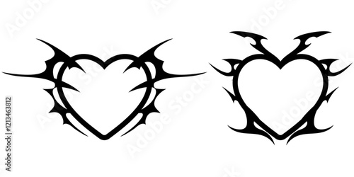 Heart Shape with Neo tribal y2k gothic style tattoo Cyber sigilism spikes and sparks for streetwear print designs, spiky y2k aesthetic vector set