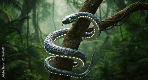 Cybernetic Serpent Coiled: A Lush, Dark Rainforest Scene