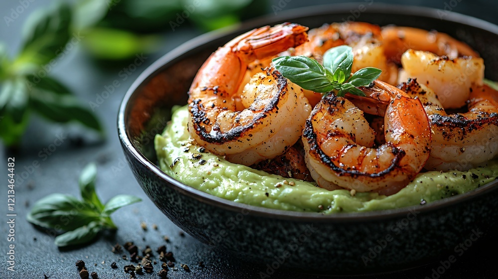 Grilled shrimp on avocado mash, dark background. Recipe, food blog use Grilled shrimp on avocado mash, dark background. Recipe, food blog use