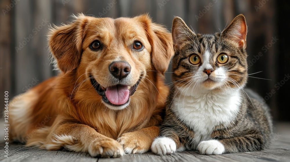 A cheerful dog and a curious cat sit together, showcasing their friendship against a rustic wooden background. A cheerful dog and a curious cat sit together, showcasing their friendship against a rustic wooden background.