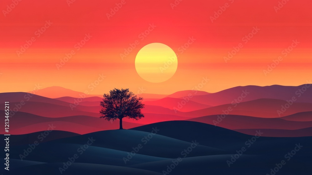 Fototapeta premium Solitary tree on hilltop at vibrant sunset over layered mountains.
