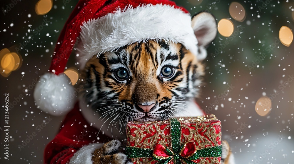 Cute tiger cub in Santa costume, Christmas lights background, holiday gift. Festive season greeting card Cute tiger cub in Santa costume, Christmas lights background, holiday gift. Festive season greeting card