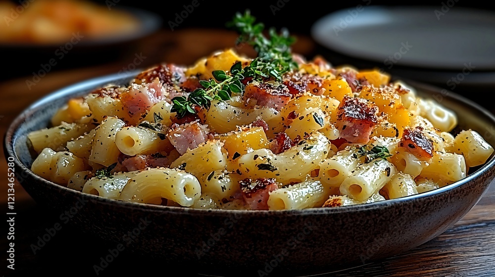 Creamy pasta dish with ham and pumpkin, garnished with thyme, served in a bowl on wooden table Creamy pasta dish with ham and pumpkin, garnished with thyme, served in a bowl on wooden table
