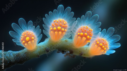 Close-up of luminous orange sea squirts on a branch, showcasing their delicate structures and vibrant colors photo