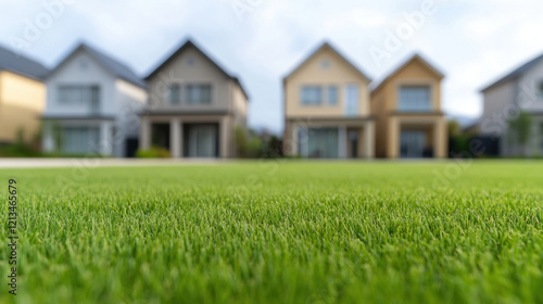 Wallpaper Mural Lush green grass in foreground with modern houses in background, showcasing serene neighborhood Torontodigital.ca