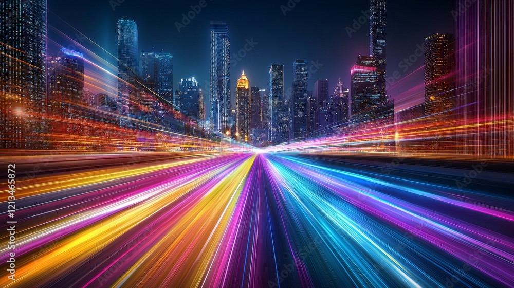 A vibrant cityscape featuring colorful light trails, showcasing the dynamic energy and motion of urban life at night. A vibrant cityscape featuring colorful light trails, showcasing the dynamic energy and motion of urban life at night.