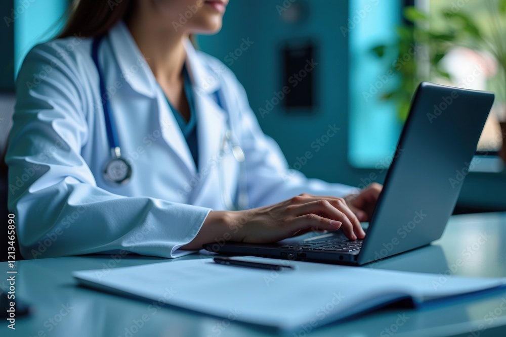 Healthcare Professional in Lab Coat Working on Laptop in Modern Medical Office Environment: Focus on Digital Health Solutions and Telemedicine Healthcare Professional in Lab Coat Working on Laptop in Modern Medical Office Environment: Focus on Digital Health Solutions and Telemedicine